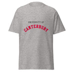 Unisex heather gray t-shirt featuring University of Canterbury logo printed across the front chest