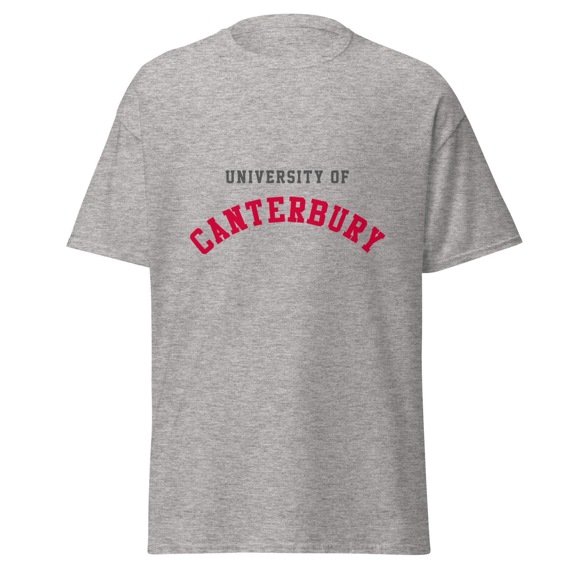 Unisex heather gray t-shirt featuring University of Canterbury logo printed across the front chest