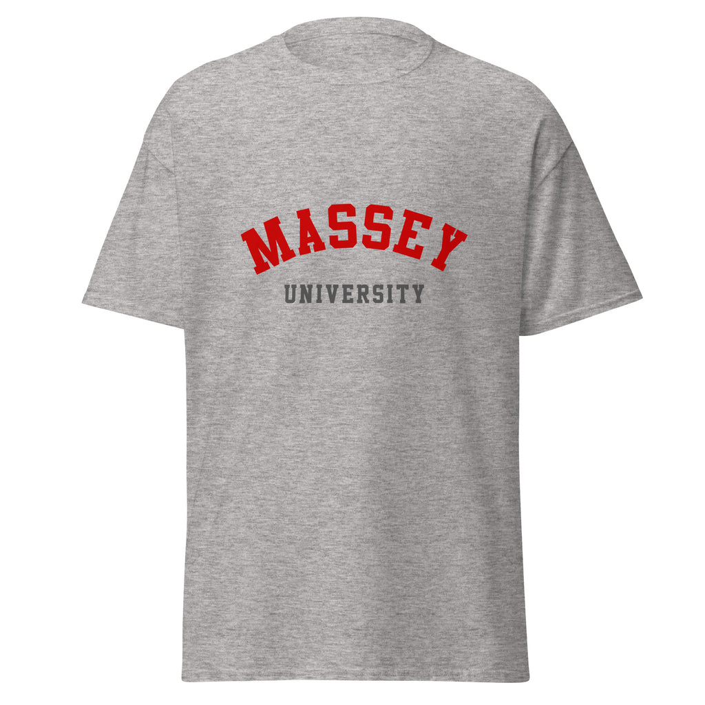 Unisex heather gray t-shirt featuring Massey University logo printed across the front chest