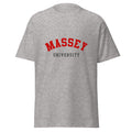 Unisex heather gray t-shirt featuring Massey University logo printed across the front chest