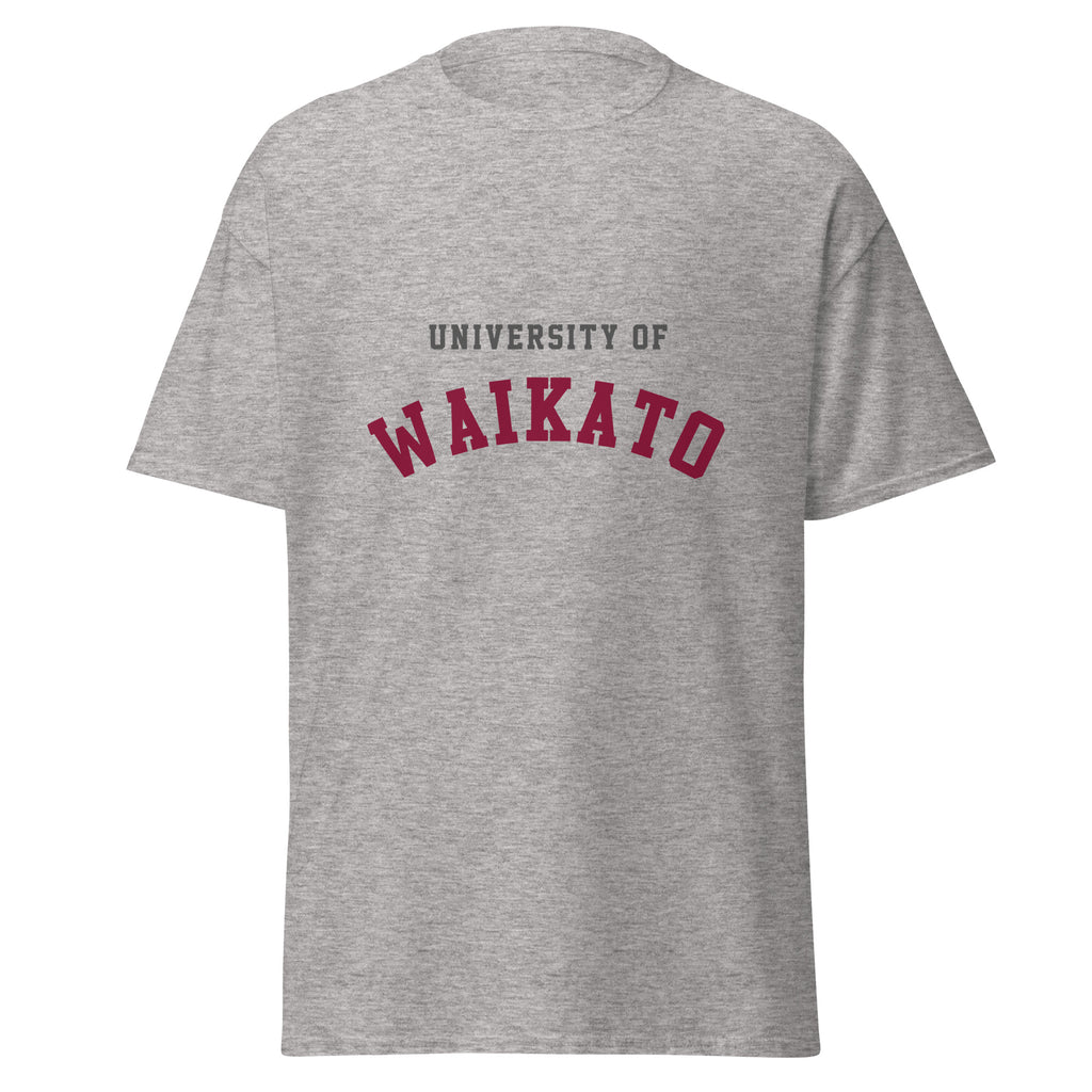 Unisex heather gray t-shirt featuring University of Waikato logo printed across the front chest