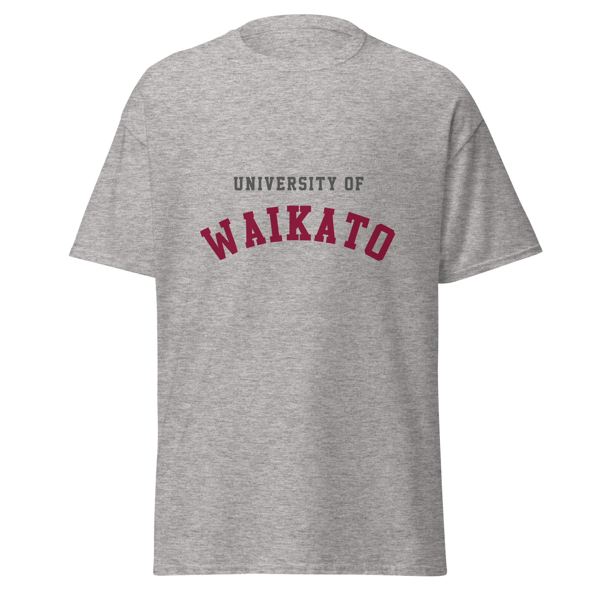 Unisex heather gray t-shirt featuring University of Waikato logo printed across the front chest