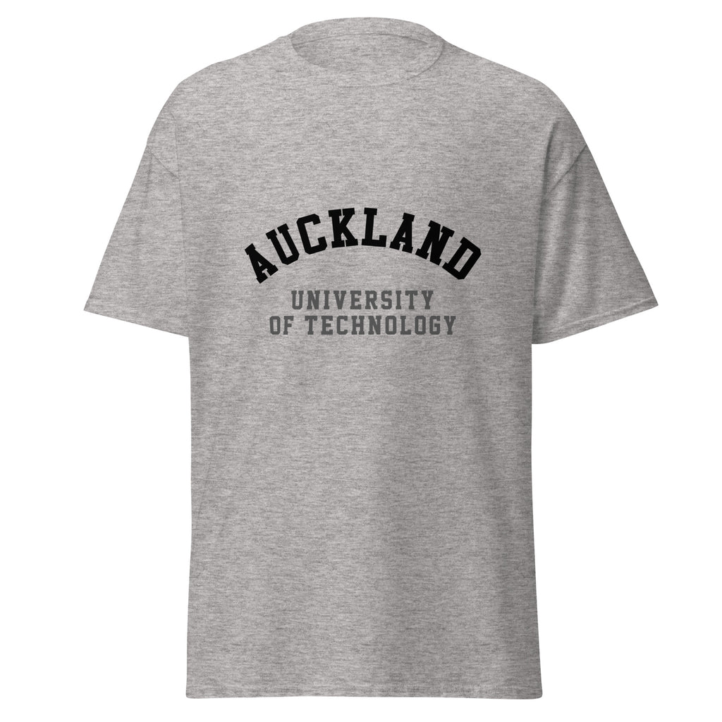 Unisex heather gray t-shirt featuring Auckland University of Technology logo printed across the front chest