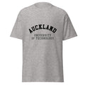 Unisex heather gray t-shirt featuring Auckland University of Technology logo printed across the front chest