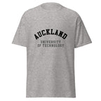 Unisex heather gray t-shirt featuring Auckland University of Technology logo printed across the front chest