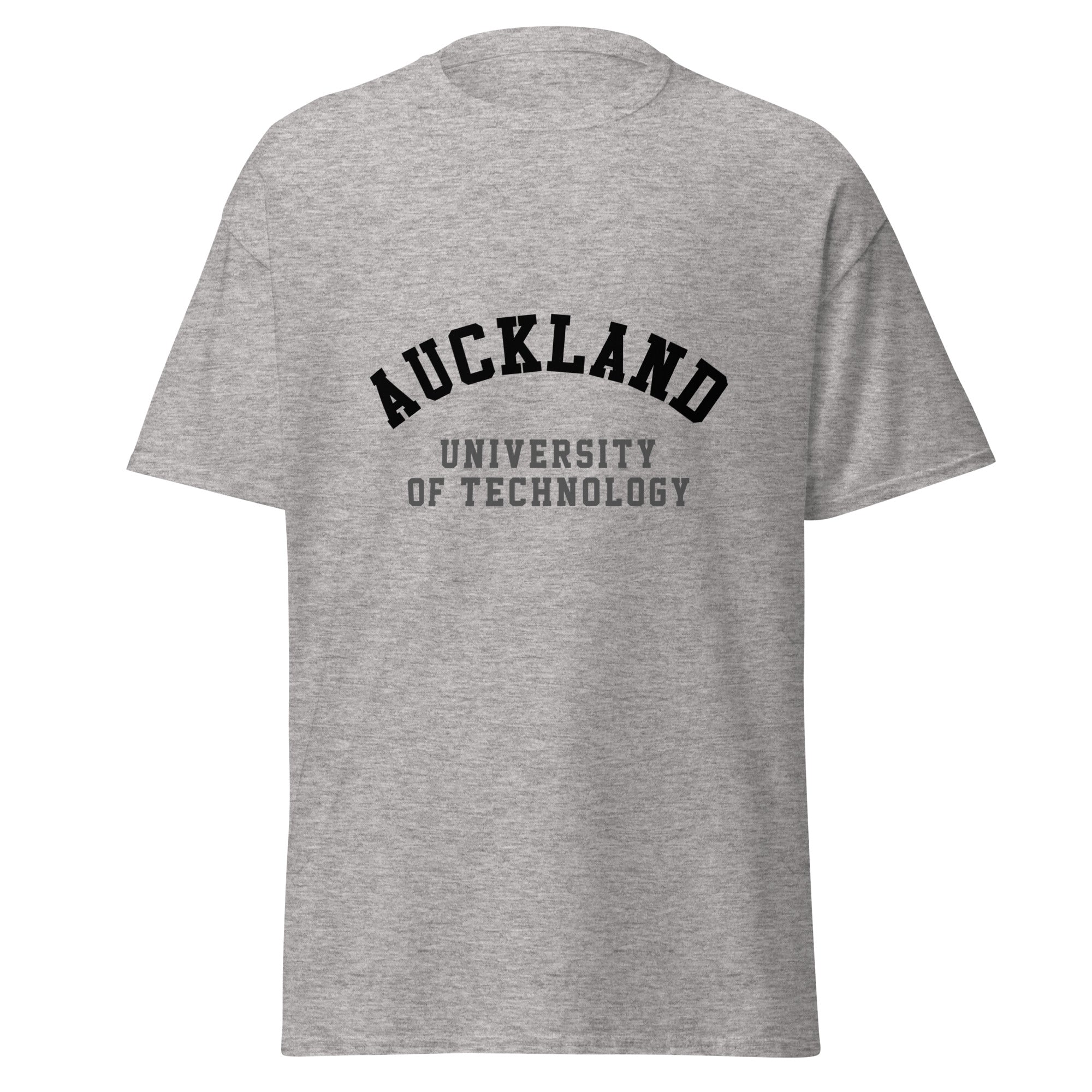 Unisex heather gray t-shirt featuring Auckland University of Technology logo printed across the front chest