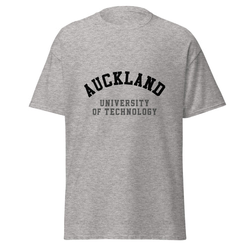 Unisex heather gray t-shirt featuring Auckland University of Technology logo printed across the front chest