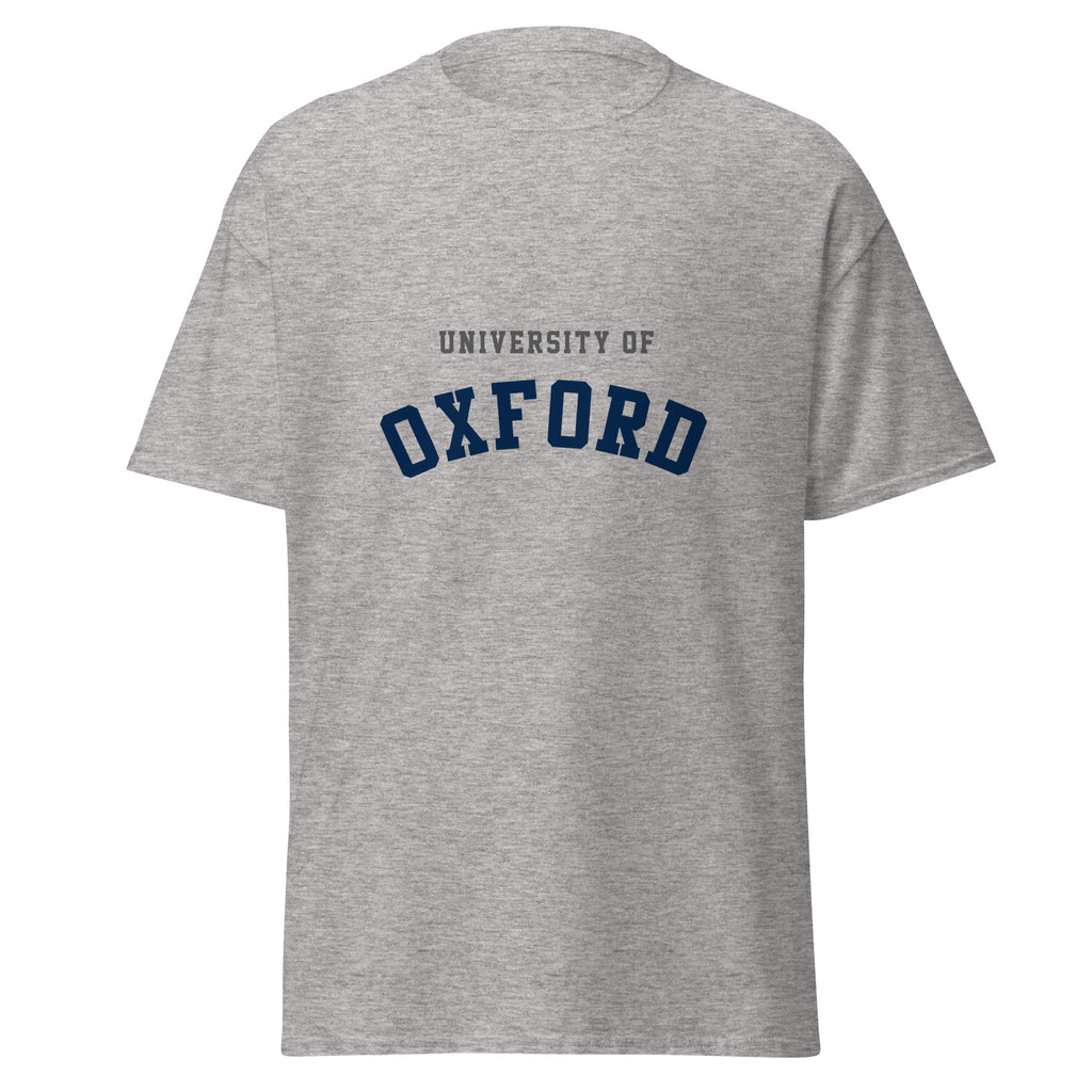 Unisex heather gray t-shirt featuring University of Oxford logo printed across the front chest