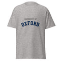 Unisex heather gray t-shirt featuring University of Oxford logo printed across the front chest