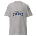 Unisex heather gray t-shirt featuring University of Oxford logo printed across the front chest