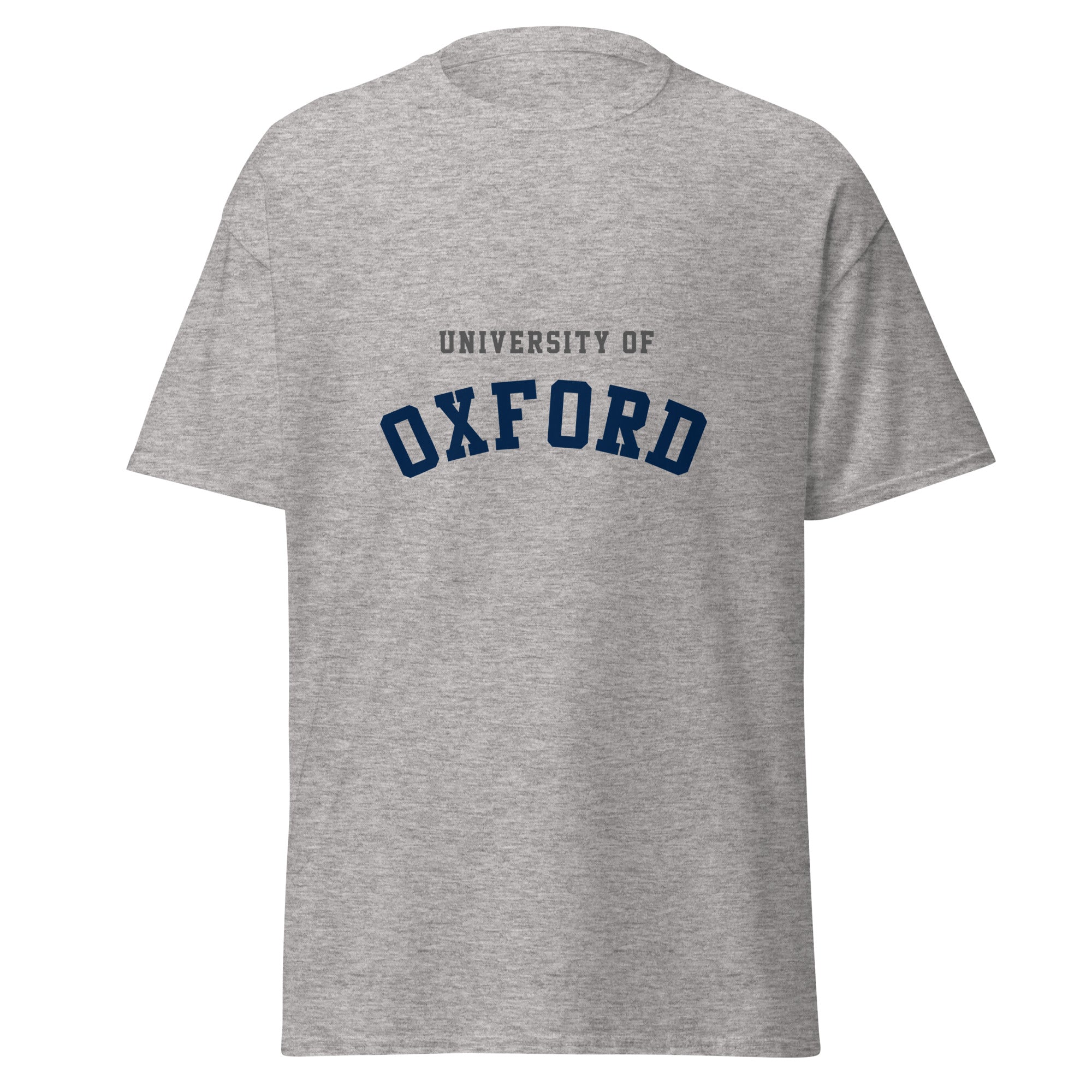 Unisex heather gray t-shirt featuring University of Oxford logo printed across the front chest