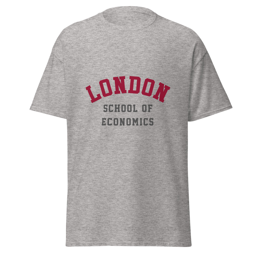 Unisex heather gray t-shirt featuring London School of Economics logo printed across the front chest