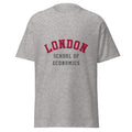 Unisex heather gray t-shirt featuring London School of Economics logo printed across the front chest