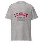 Unisex heather gray t-shirt featuring London School of Economics logo printed across the front chest
