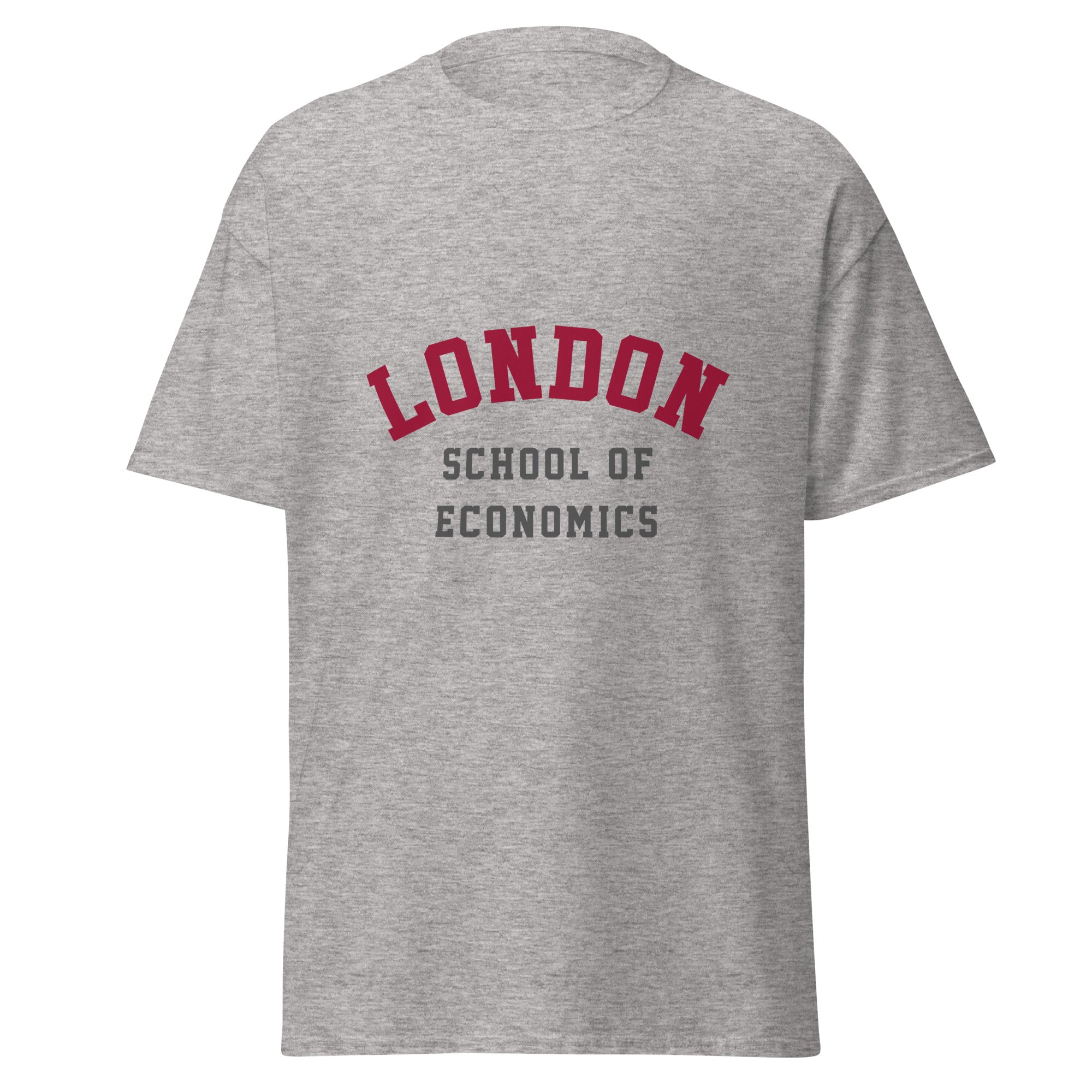 Unisex heather gray t-shirt featuring London School of Economics logo printed across the front chest