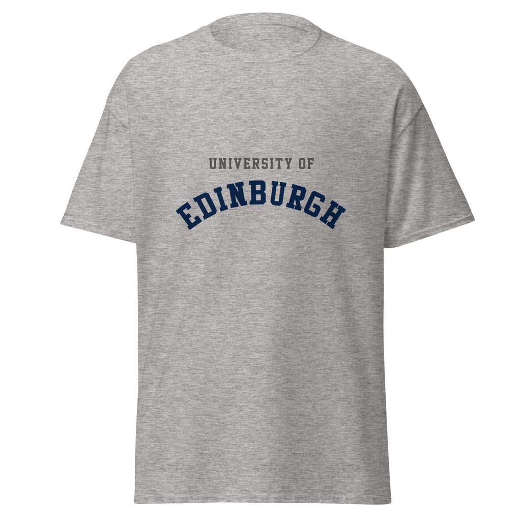 Unisex heather gray t-shirt featuring University of Edinburgh logo printed across the front chest