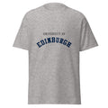 Unisex heather gray t-shirt featuring University of Edinburgh logo printed across the front chest