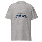 Unisex heather gray t-shirt featuring University of Edinburgh logo printed across the front chest