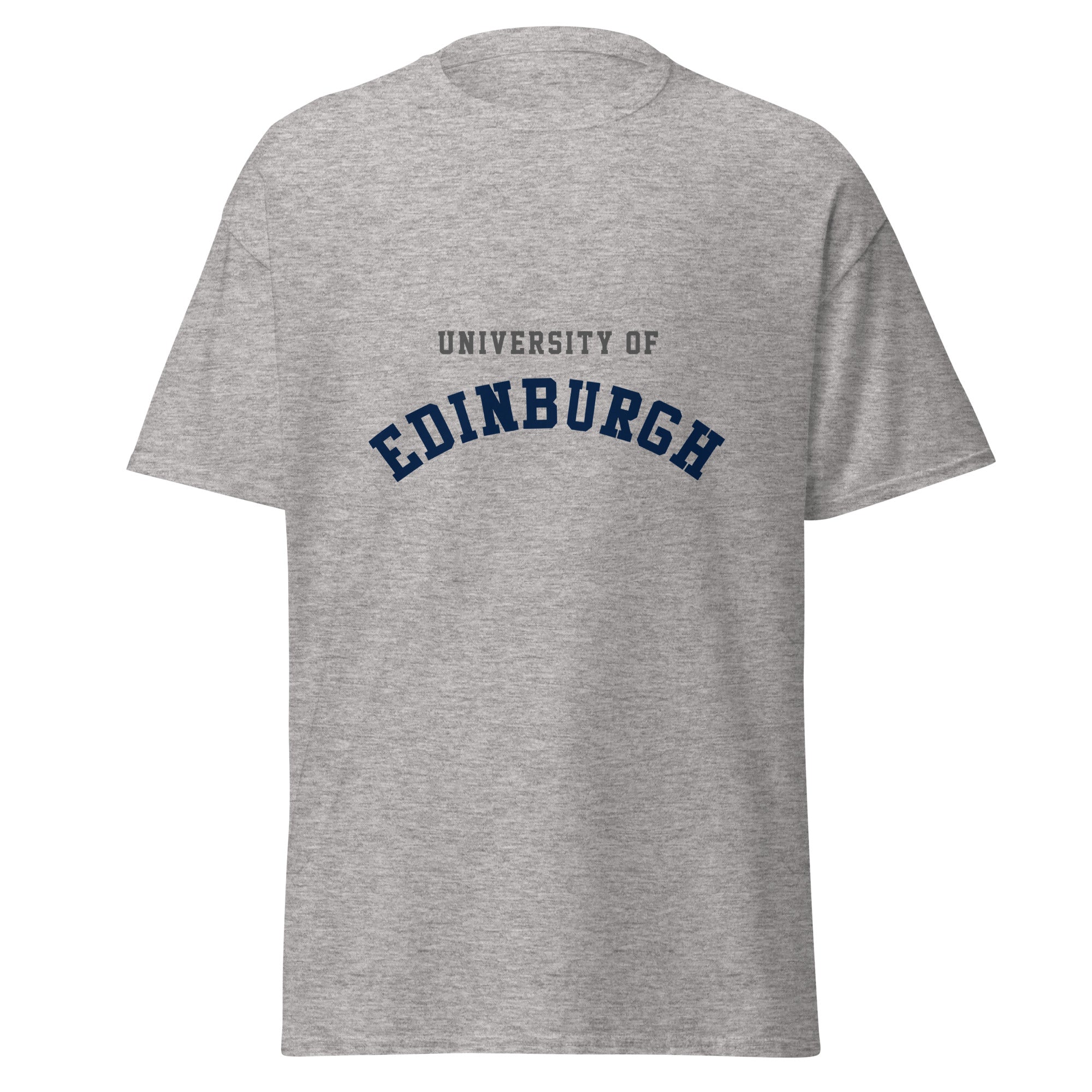 Unisex heather gray t-shirt featuring University of Edinburgh logo printed across the front chest
