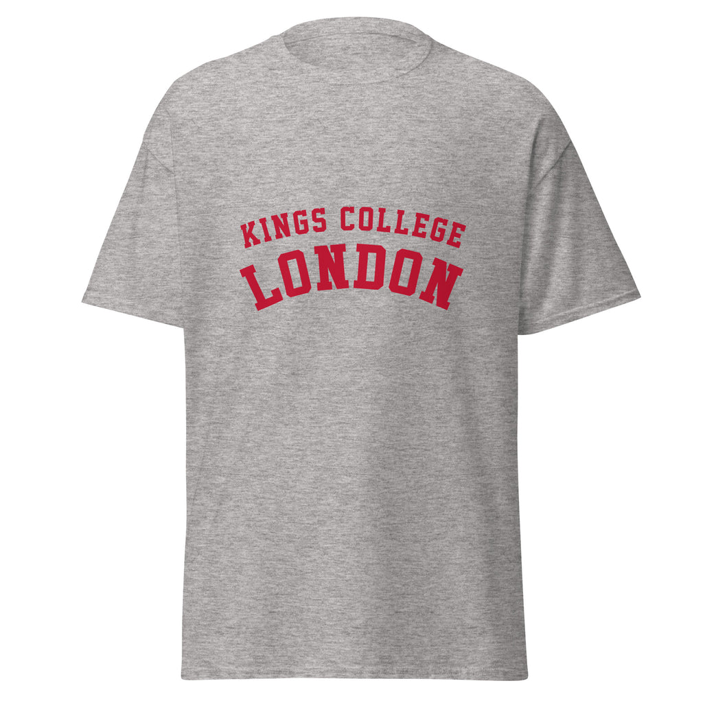 Unisex heather gray t-shirt featuring King's College London logo printed across the front chest