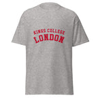 Unisex heather gray t-shirt featuring King's College London logo printed across the front chest