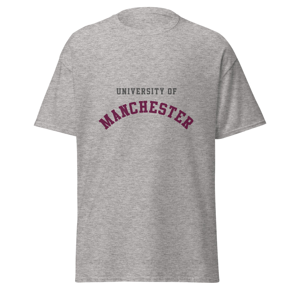 Unisex heather gray t-shirt featuring University of Manchester logo printed across the front chest