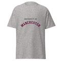 Unisex heather gray t-shirt featuring University of Manchester logo printed across the front chest