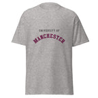Unisex heather gray t-shirt featuring University of Manchester logo printed across the front chest