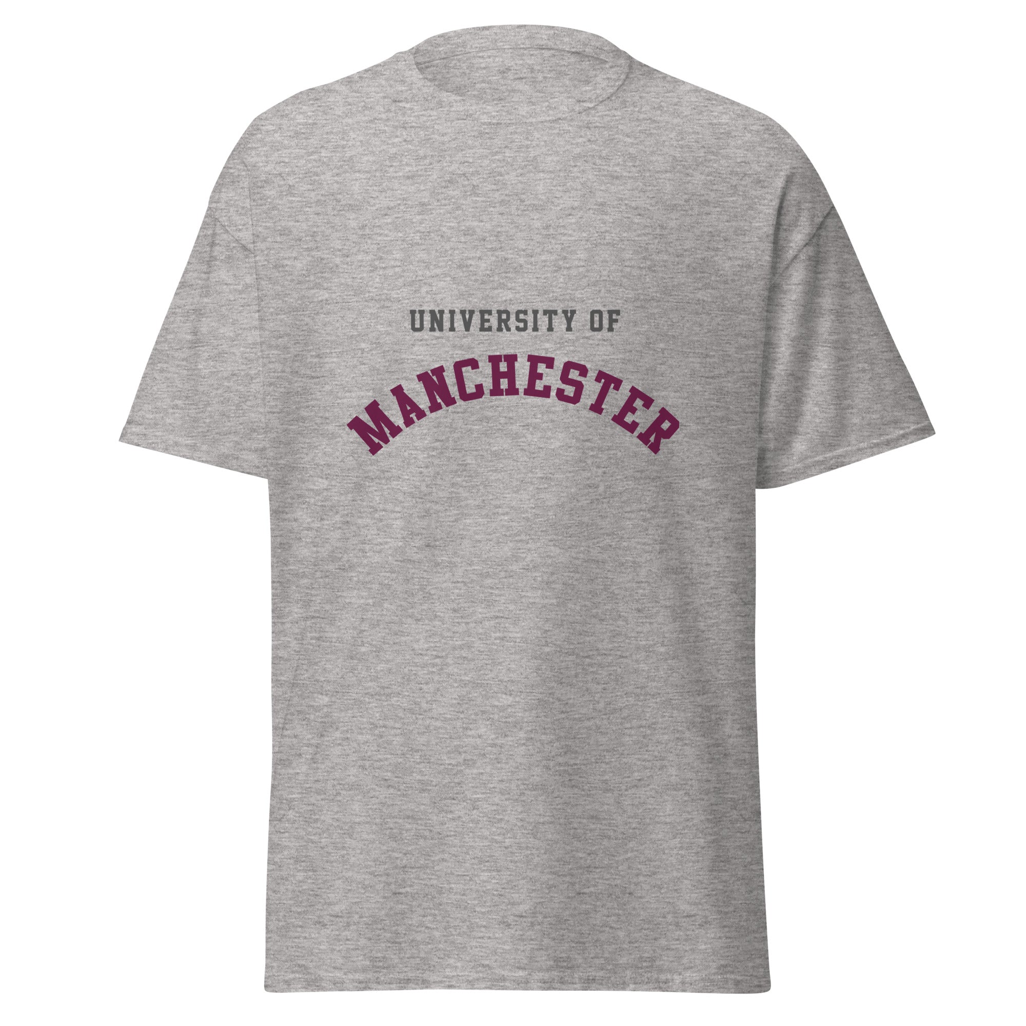 Unisex heather gray t-shirt featuring University of Manchester logo printed across the front chest