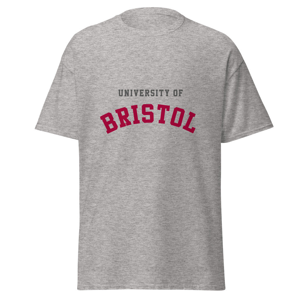 Unisex heather gray t-shirt featuring University of Bristol logo printed across the front chest