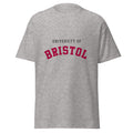 Unisex heather gray t-shirt featuring University of Bristol logo printed across the front chest