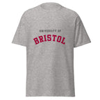 Unisex heather gray t-shirt featuring University of Bristol logo printed across the front chest