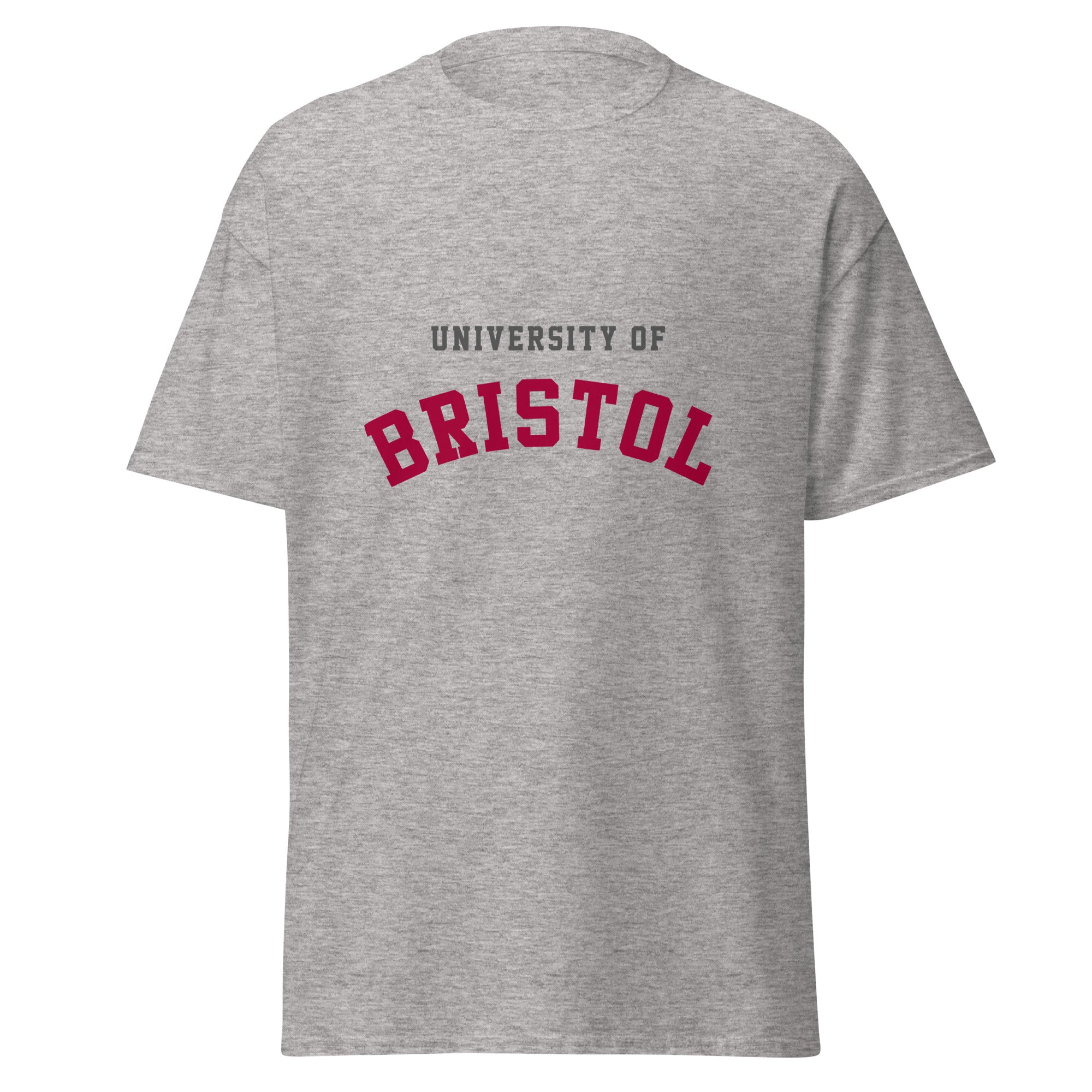 Unisex heather gray t-shirt featuring University of Bristol logo printed across the front chest