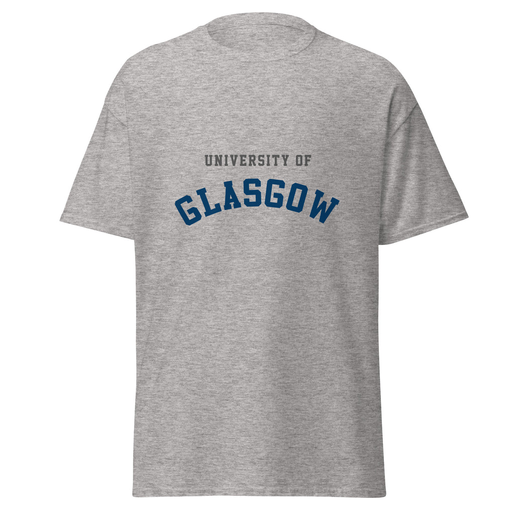 Unisex heather gray t-shirt featuring University of Glasgow logo printed across the front chest