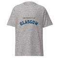 Unisex heather gray t-shirt featuring University of Glasgow logo printed across the front chest