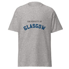 Unisex heather gray t-shirt featuring University of Glasgow logo printed across the front chest