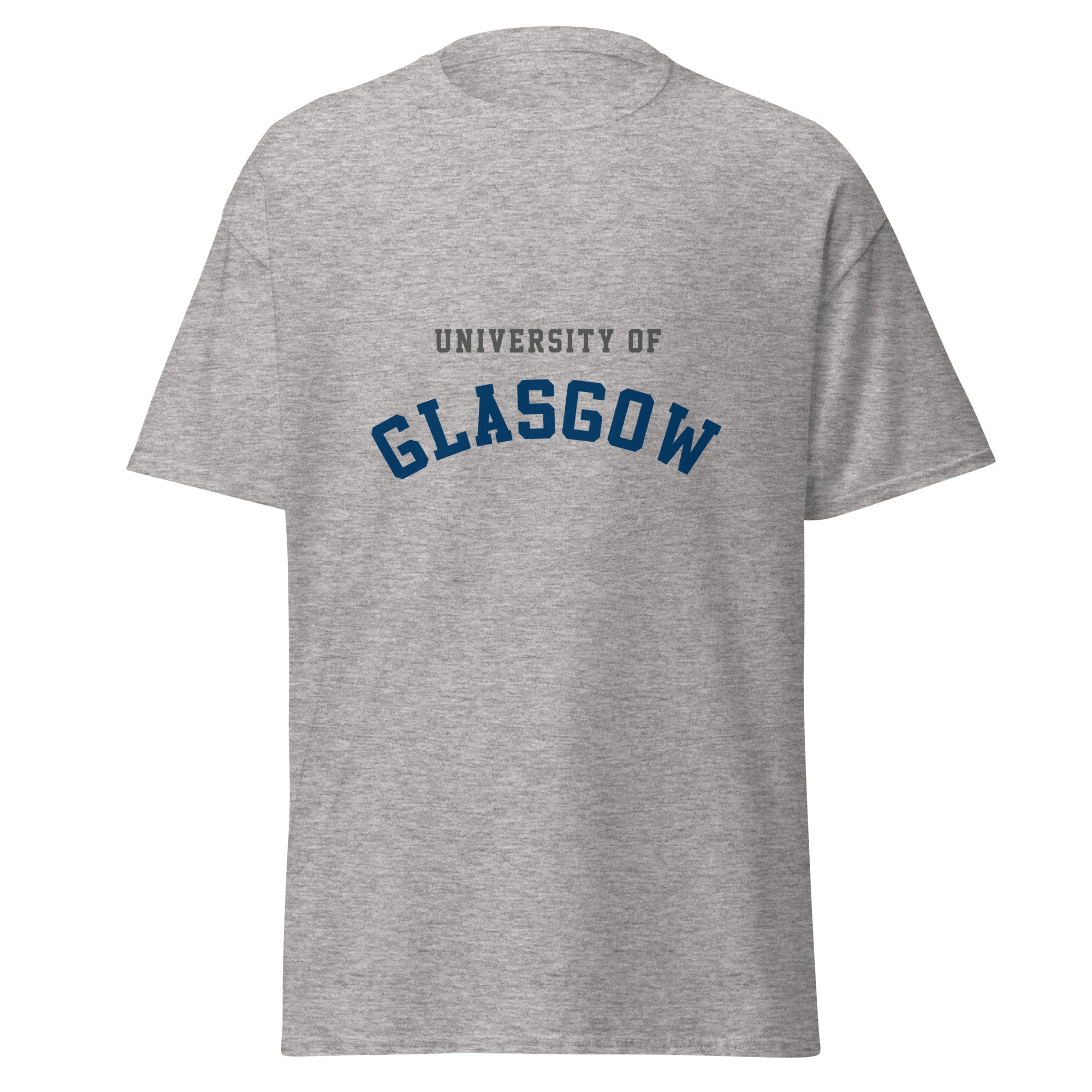 Unisex heather gray t-shirt featuring University of Glasgow logo printed across the front chest