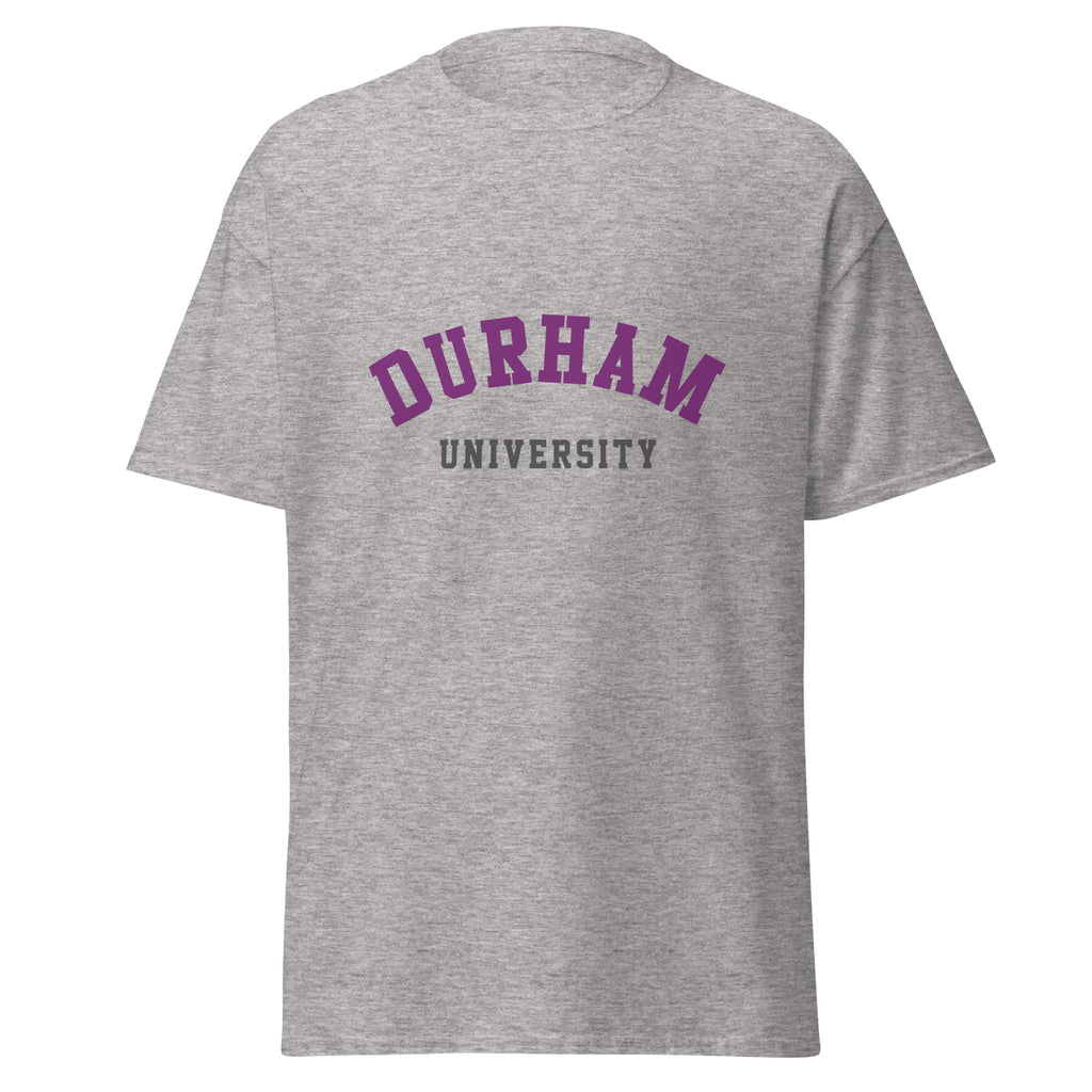 Unisex heather gray t-shirt featuring Durham University logo printed across the front chest