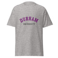 Unisex heather gray t-shirt featuring Durham University logo printed across the front chest