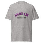 Unisex heather gray t-shirt featuring Durham University logo printed across the front chest
