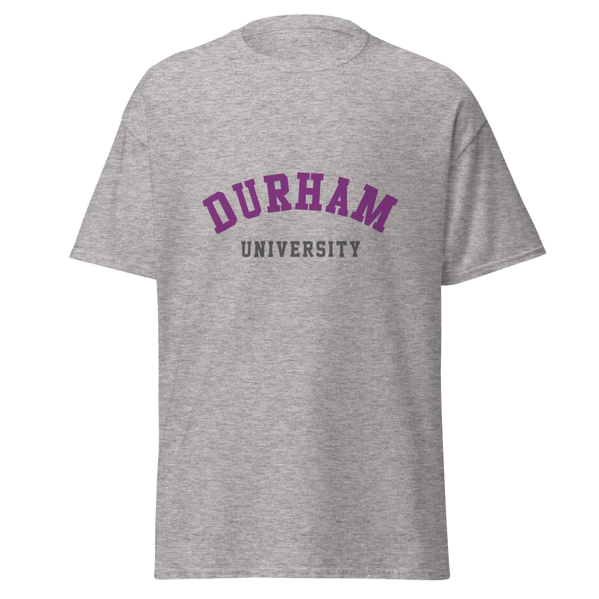 Unisex heather gray t-shirt featuring Durham University logo printed across the front chest