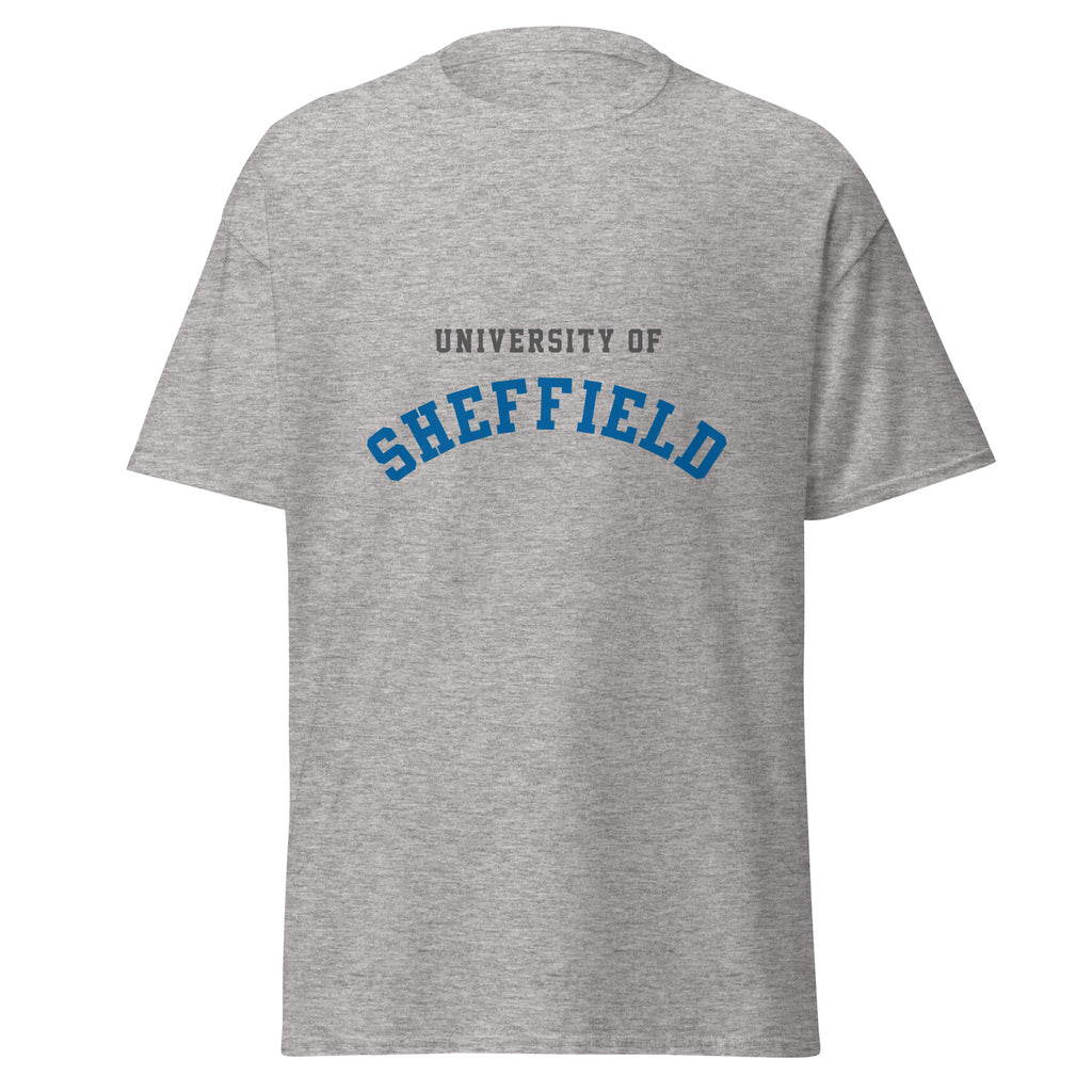 Unisex heather gray t-shirt featuring University of Sheffield logo printed across the front chest