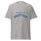 Unisex heather gray t-shirt featuring University of Sheffield logo printed across the front chest