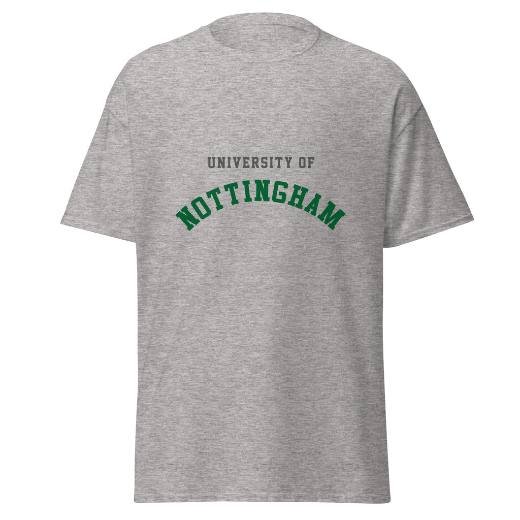 Unisex heather gray t-shirt featuring University of Nottingham logo printed across the front chest