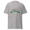 Unisex heather gray t-shirt featuring University of Nottingham logo printed across the front chest