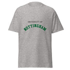 Unisex heather gray t-shirt featuring University of Nottingham logo printed across the front chest