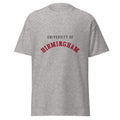 Unisex heather gray t-shirt featuring University of Birmingham logo printed across the front chest