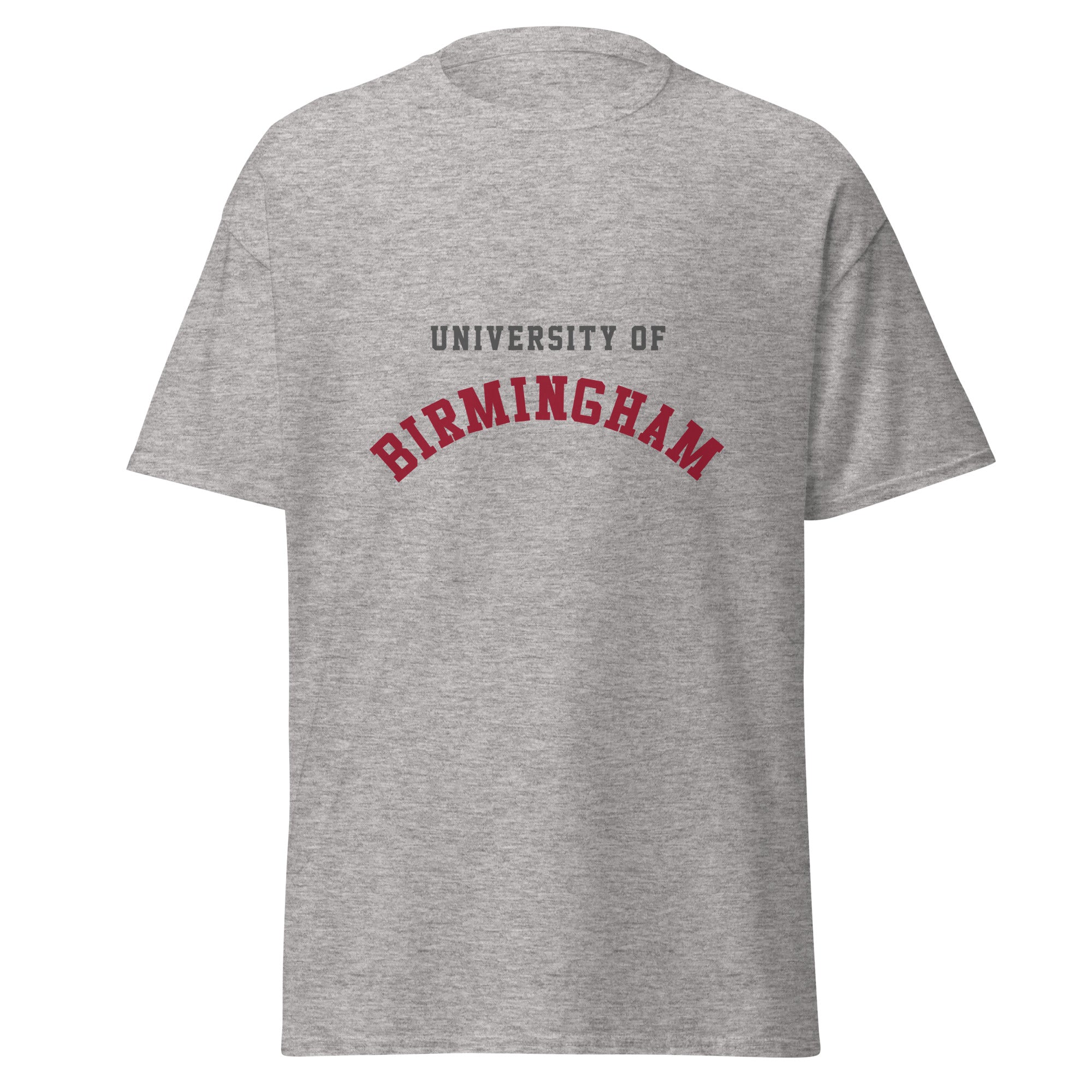 Unisex heather gray t-shirt featuring University of Birmingham logo printed across the front chest
