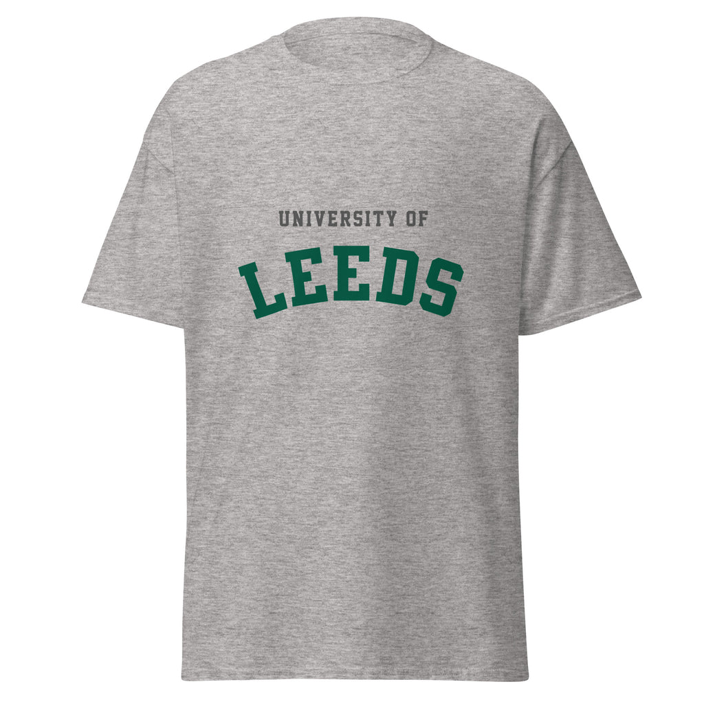 Unisex heather gray t-shirt featuring University of Leeds logo printed across the front chest