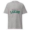 Unisex heather gray t-shirt featuring University of Leeds logo printed across the front chest